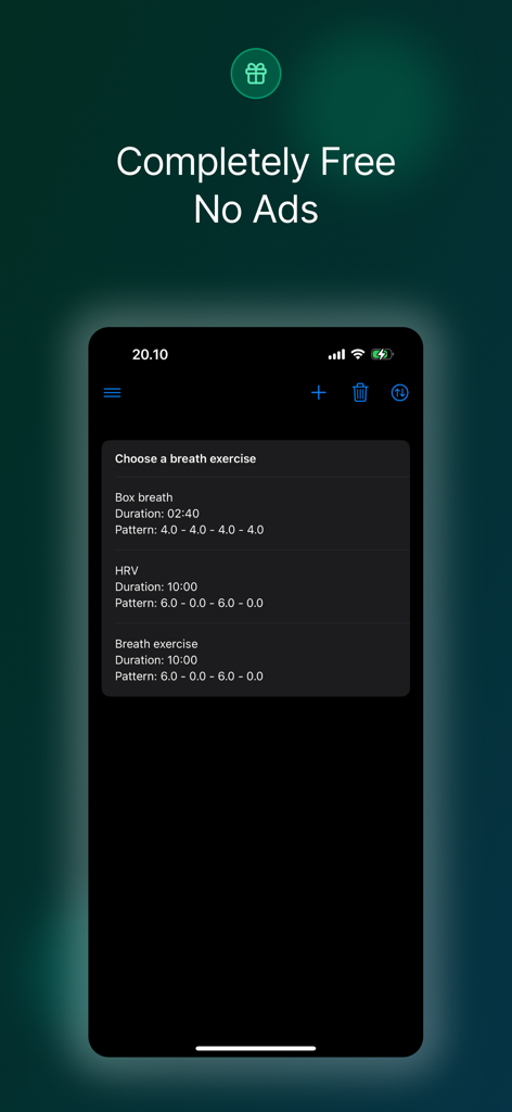 Interface of the Free Breathing Meditation app showing a list of breath exercises like Box breath and HRV with a no ads promise.