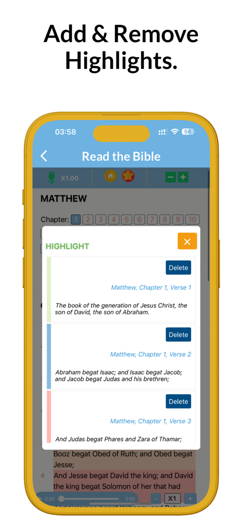 Bible KJV - King James Audio - Interfaz de la aplicación Bible KJV para agregar y eliminar resúmenes de versículos de las escrituras