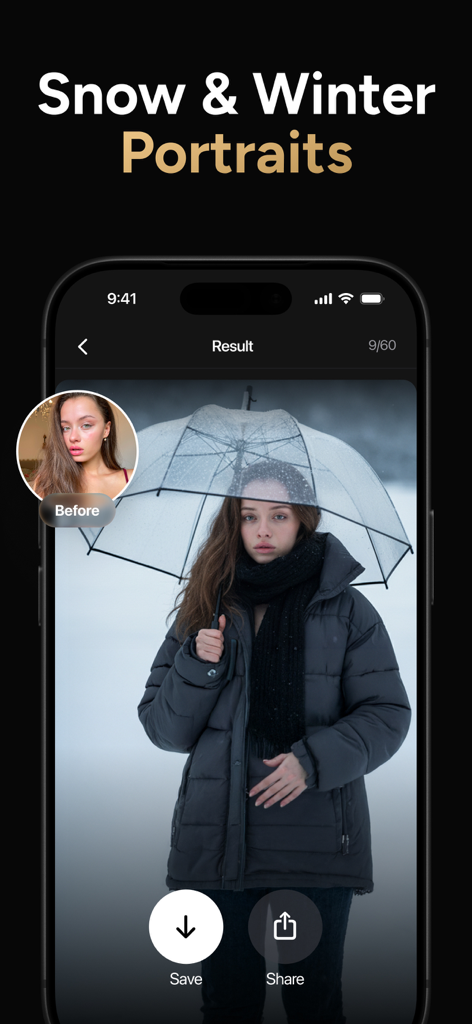 Momo - AI Photo Generator - Before and after comparison of a woman's selfie transformed into a realistic snowy winter portrait using Momo AI