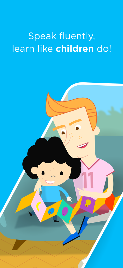 Ilustración de dibujos animados de un adulto y un niño leyendo juntos con el texto Habla con fluidez aprende como niños