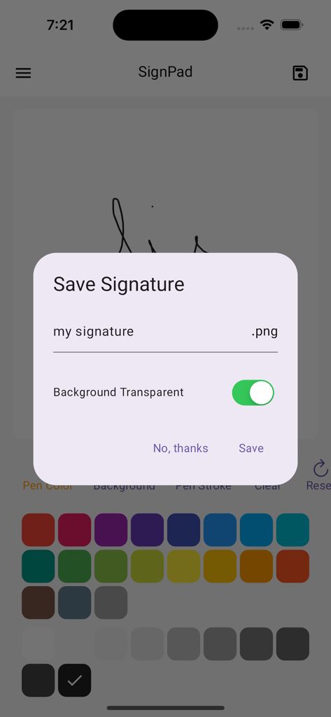 Save signature dialog box in SignPad app with transparent background toggle and PNG format option