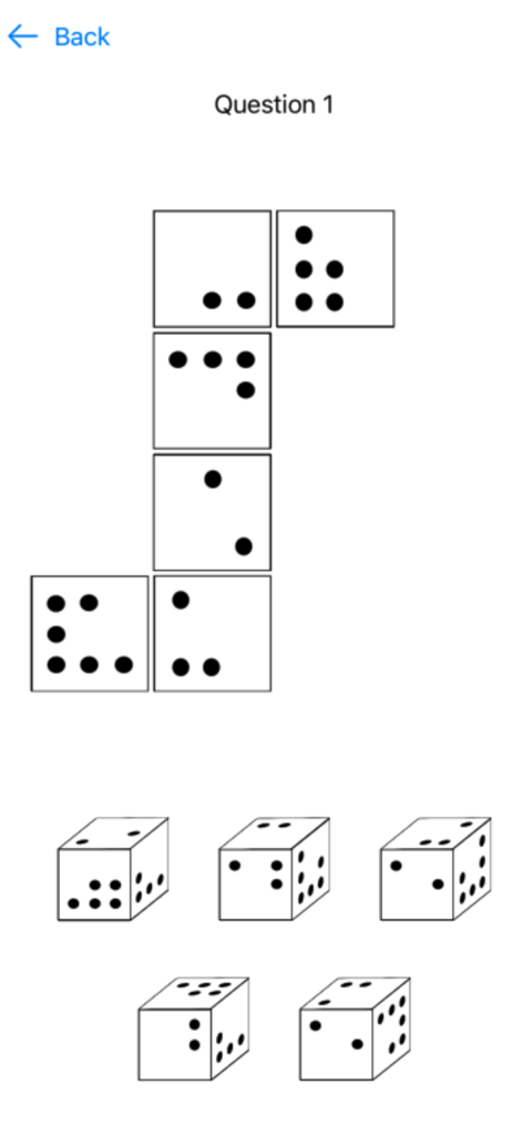 Un écran de test de raisonnement spatial de l'application PilotPass présentant un patron de cube et plusieurs options de cubes 3D pour la pratique de la rotation.