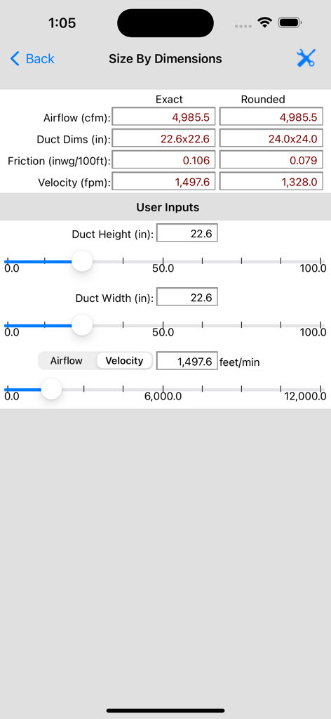 HVAC Duct Sizer - HVAC Duct Sizer mobile app interface showing the Size By Dimensions calculation tool with slider controls