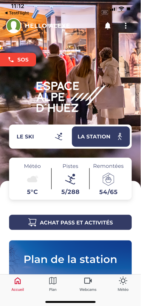Alpe d'Huez mobile app home screen showing real-time weather, ski run availability, and lift status