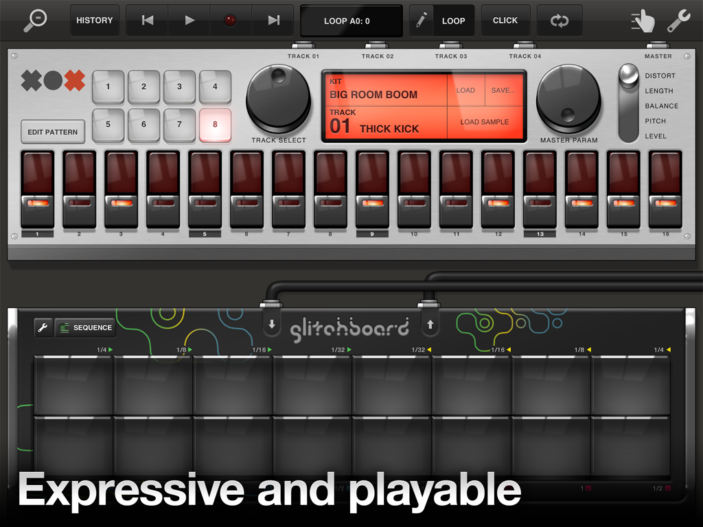 Tabletop - Tabletop app interface featuring a virtual drum machine and Glitchboard controller