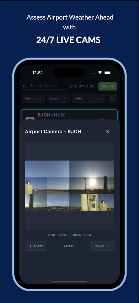 ATISVIEW app interface showing live 24/7 airport camera feeds for real-time weather assessment