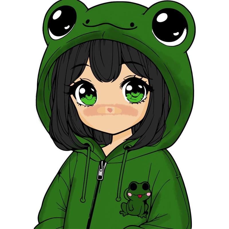 cute realistic girl in a froggy hoodie