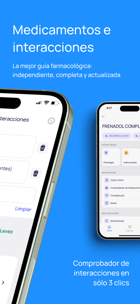 iDoctus - Pantalla de smartphone mostrando la interfaz del comprobador de interacciones farmacológicas de la aplicación médica iDoctus en español