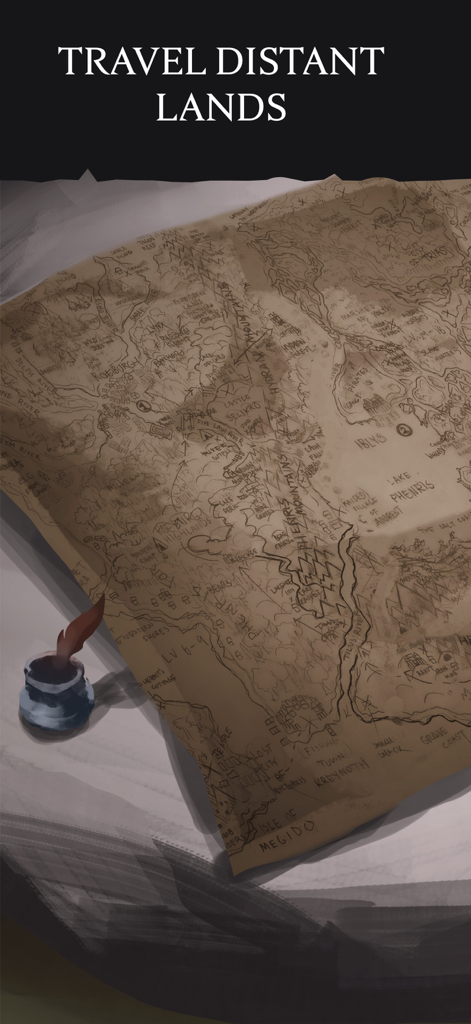 A hand drawn fantasy world map on parchment with an inkwell and quill under the heading Travel Distant Lands