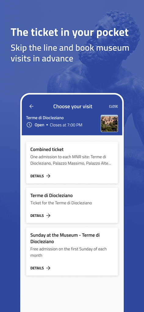 Ein mobiler Screenshot der Musei Italiani App, der verschiedene Ticketoptionen für die Diokletiansthermen in Rom anzeigt.