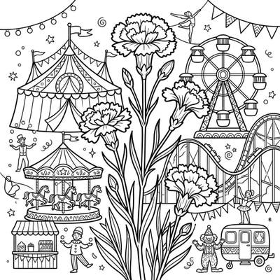 Experience the whimsical blend of nature's beauty and carnival excitement with this unique coloring page. Delicate carnation stems rise elegantly amidst the thrilling rides and joyful performers of a vibrant circus scene, offering a delightful challenge for all artists.
