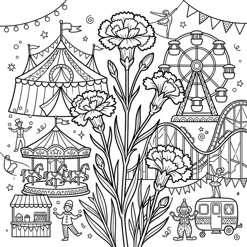 Experience the whimsical blend of nature's beauty and carnival excitement with this unique coloring page. Delicate carnation stems rise elegantly amidst the thrilling rides and joyful performers of a vibrant circus scene, offering a delightful challenge for all artists.