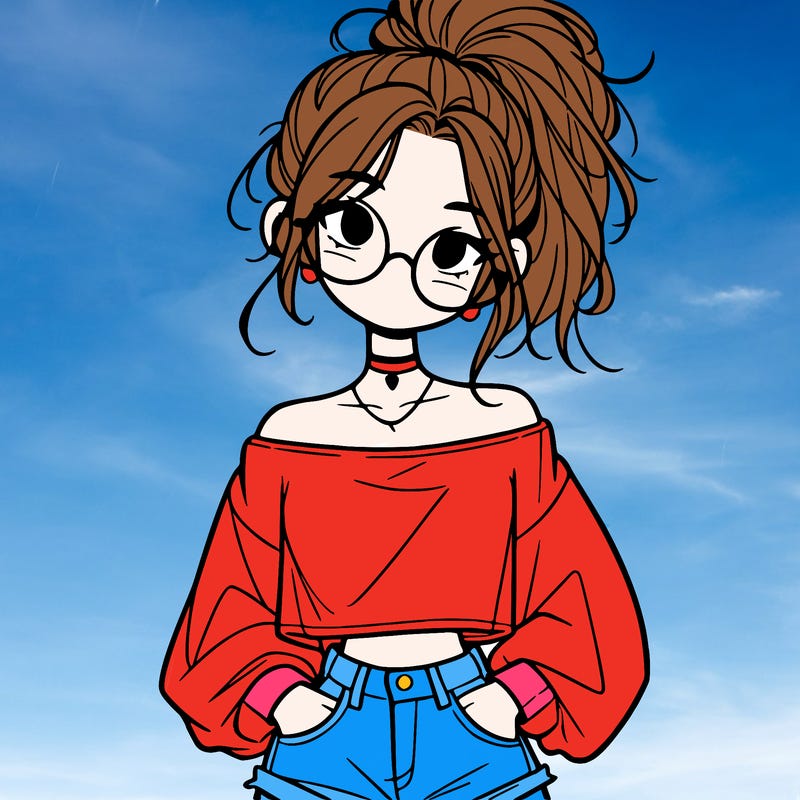 girl with a messy ponytail glasses a baggy crop top and jean shorts