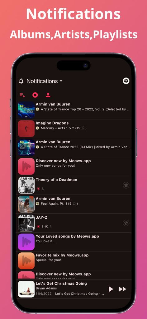 A notification list for new music releases on the Meows app