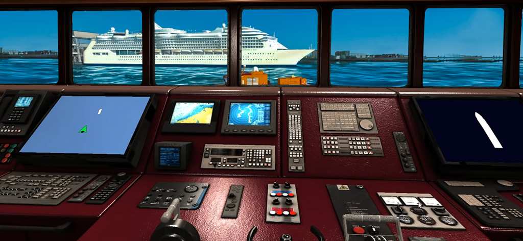 Cabina detallada del puente del barco con controles y una vista de crucero.
