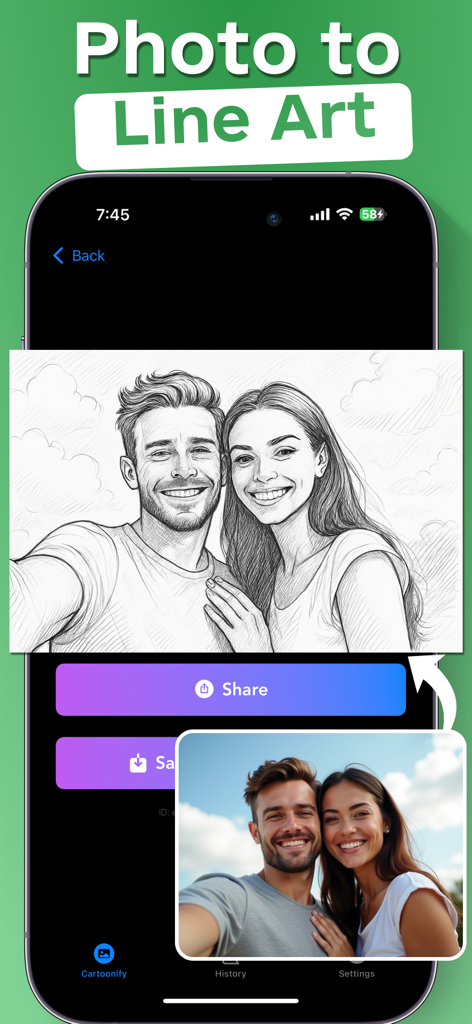 A couple selfie transformed into a detailed line art sketch using Cartoonify AI