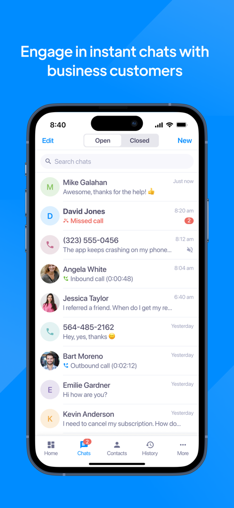 TextMagic - TextMagic Mobile App zeigt eine Liste aktiver Geschäftskunden-Chats und verpasster Anrufe auf einem iPhone-Bildschirm
