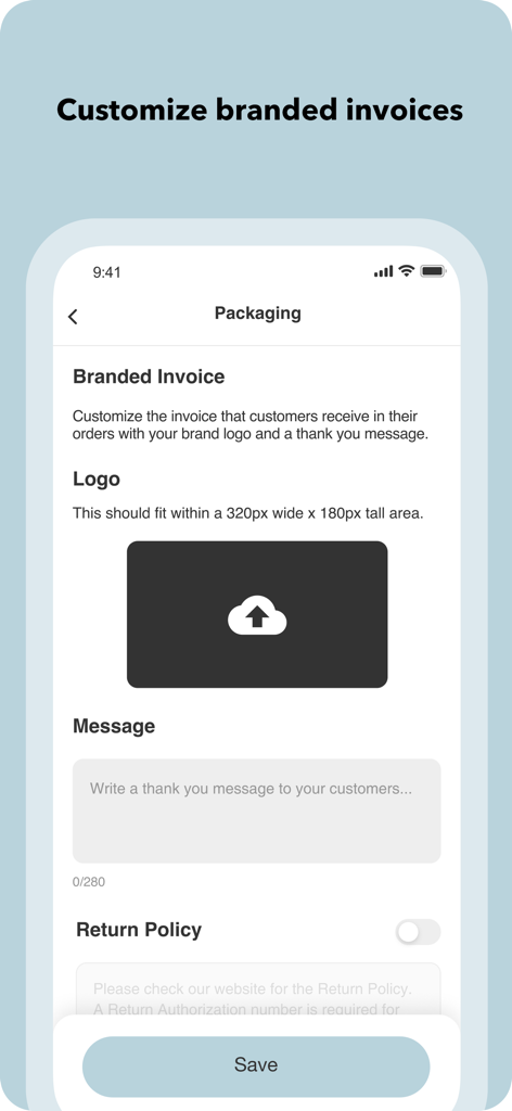 Trendsi app screen showing options to customize branded invoices with a company logo and personal message.