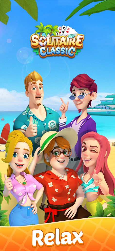 Cartoon characters at a tropical beach resort for Solitaire Resort card game.