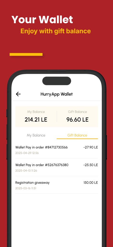 HurryApp | Food & more - Digital wallet interface of HurryApp showing account balance and transaction history in Egyptian Pounds