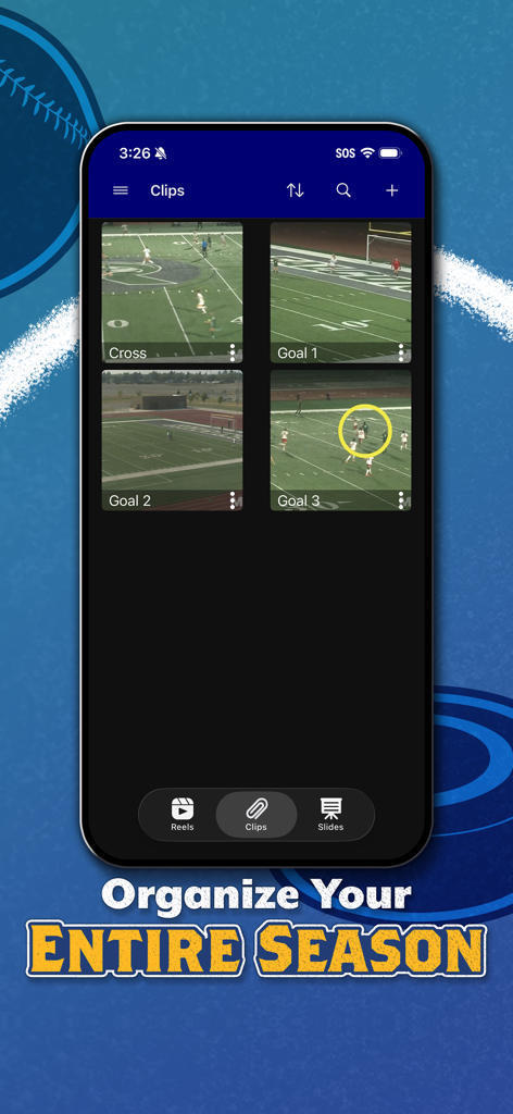 MatchCut Highlight Reel Maker - A mobile interface showing organized sports highlight clips with a player spotlight effect