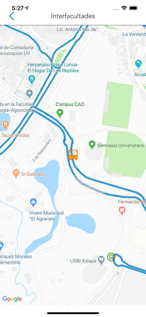 MiUV - Map view within the MiUV app showing the interfacultades bus route and university campus locations in Xalapa.