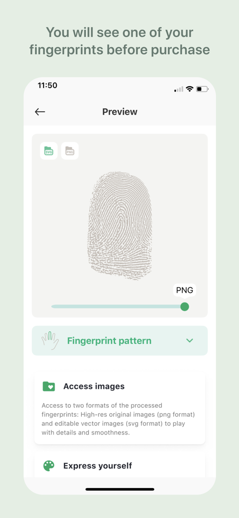 MyMarq - MyMarq app interface showing a scanned fingerprint preview with SVG and PNG file format options