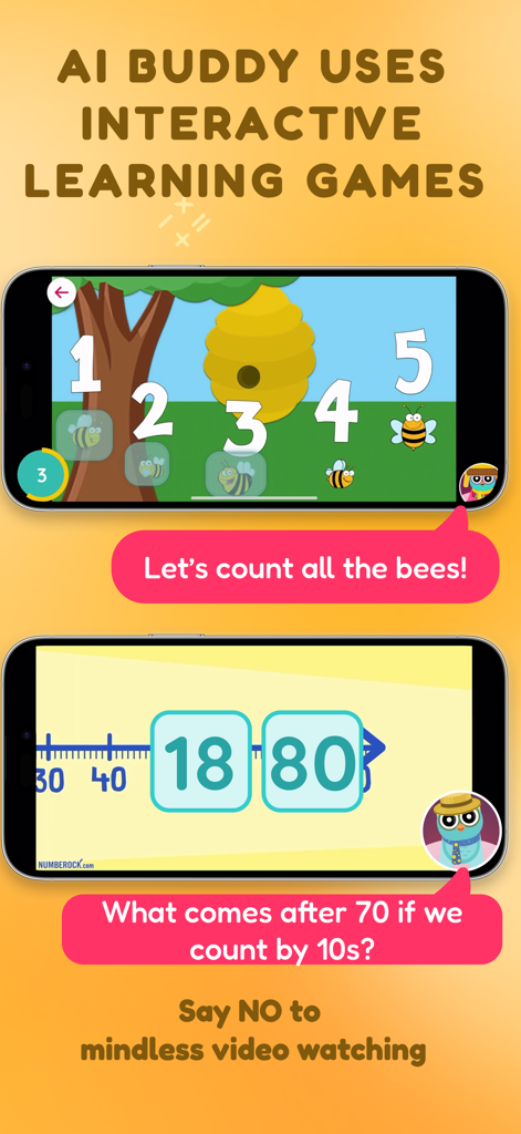Kidzovo: Kids TV with AI Buddy - Kidzovo app screens showing interactive math and counting games with the AI buddy Ovo.