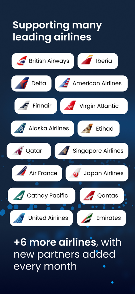 A list of leading airlines supported by the Planepoints app including Delta United and British Airways