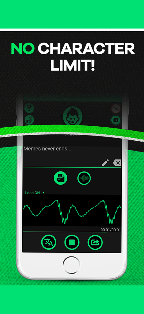Narrator's voice - Interfaz de la aplicación La Voz del Narrador que muestra que no hay límite de caracteres para la generación de texto a voz con IA