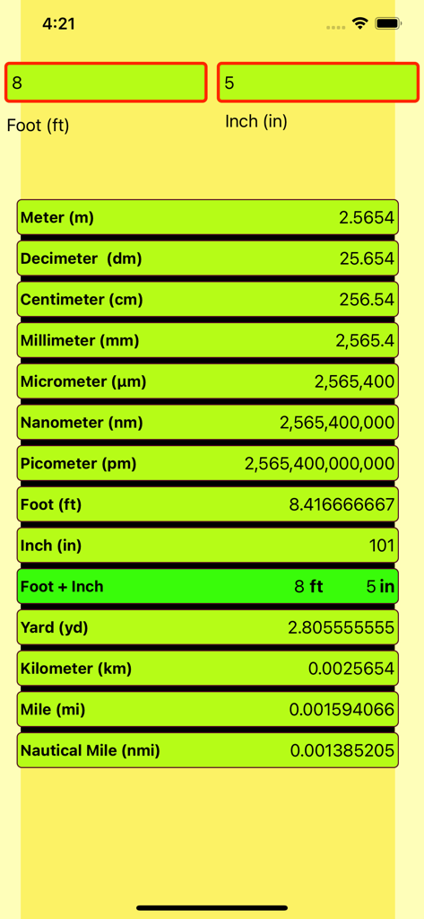 Length Conversion - Oberfläche der Längenkonvertierungs-App, die 8 Fuß und 5 Zoll in verschiedene metrische und imperiale Einheiten umrechnet