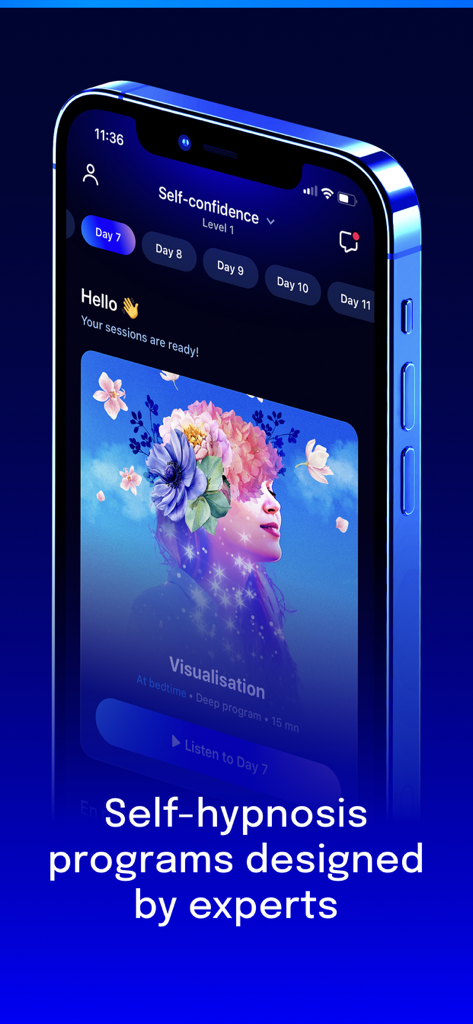Deep Belief - Self hypnosis - A smartphone displaying the Deep Belief app with a self-hypnosis visualization session for self-confidence