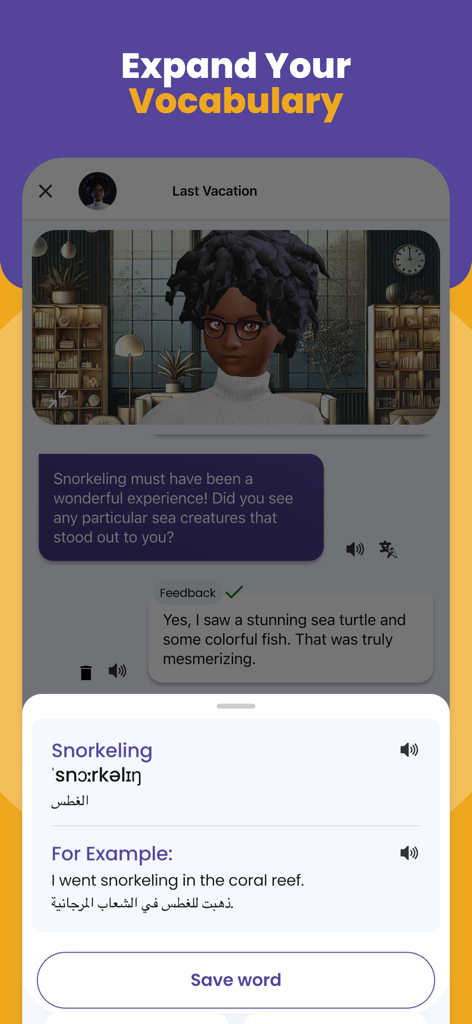 Interfaz de aplicación móvil para expandir vocabulario en inglés con chat y traducción de IA
