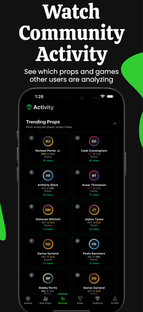 Schermata di un'app mobile che mostra le proposte di tendenza sui giocatori NBA e un elenco di attività della community