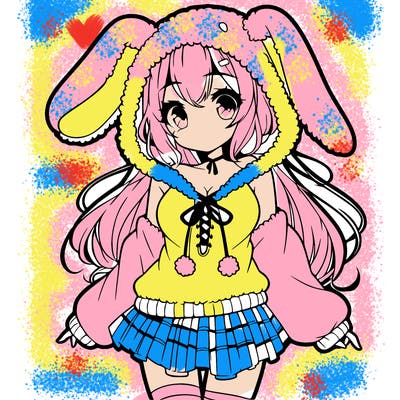 pretty anime girl wearing a fluffy hoodie with bunny ears on the hood and a skirt