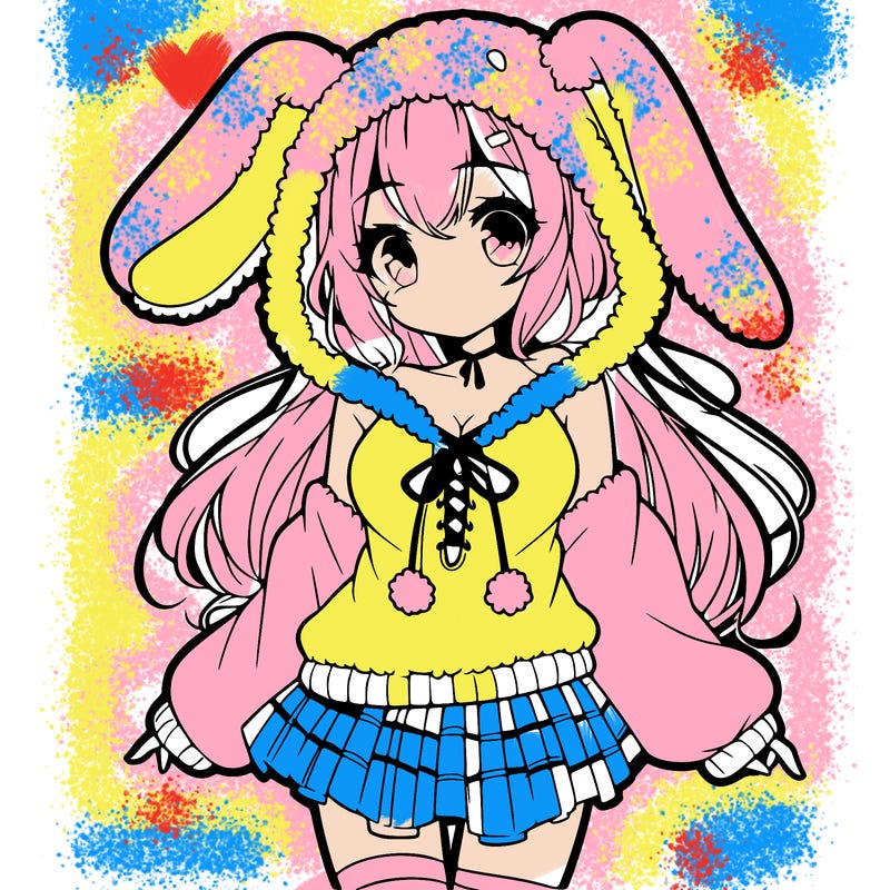 pretty anime girl wearing a fluffy hoodie with bunny ears on the hood and a skirt
