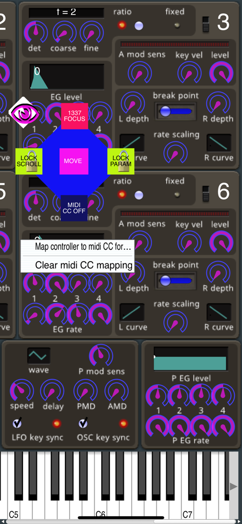 Benutzeroberfläche von Dexed Synth mit MIDI-CC-Mapping und Parameter-Lock-Optionen.