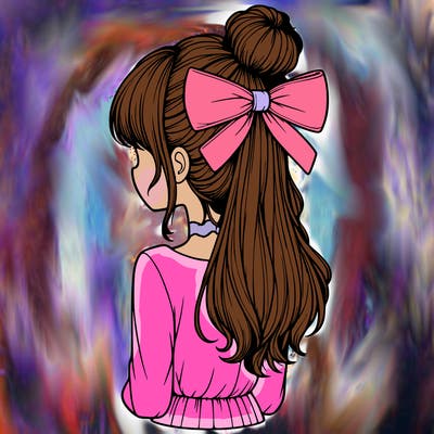 realistic girl  with hip length hair a bun and a big bow on the back of head