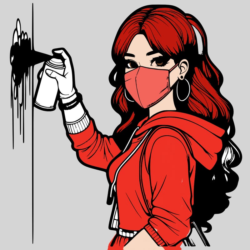 realistic girl with mask spray painting a wall