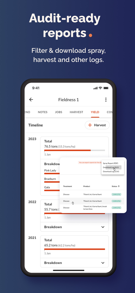 Mobile screen showing Farmable app yield tracking and report download features