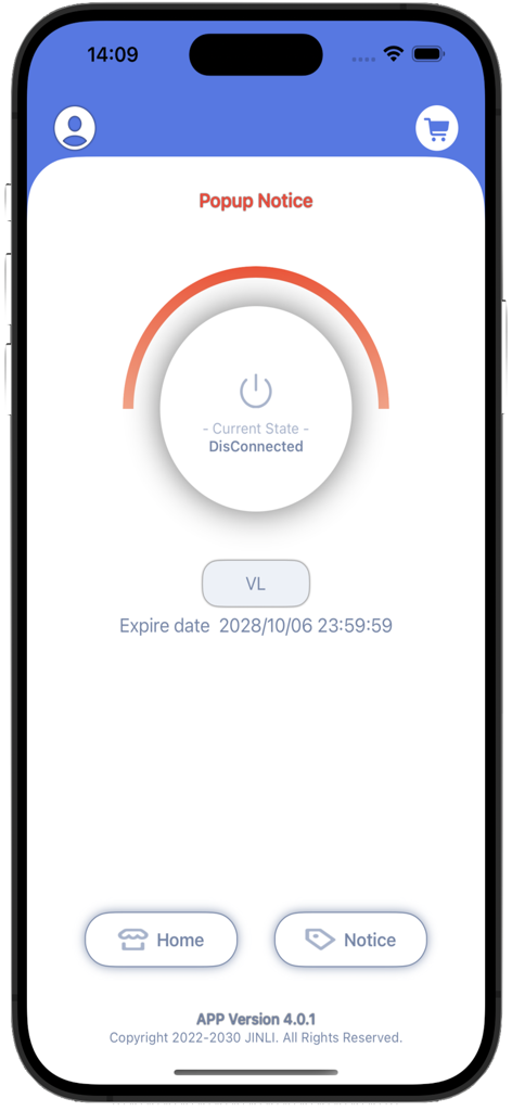 JLVPN. - Pantalla de inicio de la aplicación JLVPN que muestra el estado desconectado y la fecha de expiración de la cuenta.