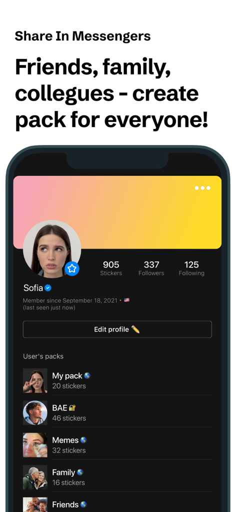 STQR - Sticker Maker Studio - A user profile screen in STQR Sticker Maker Studio showing organized sticker packs for friends, family, and memes.