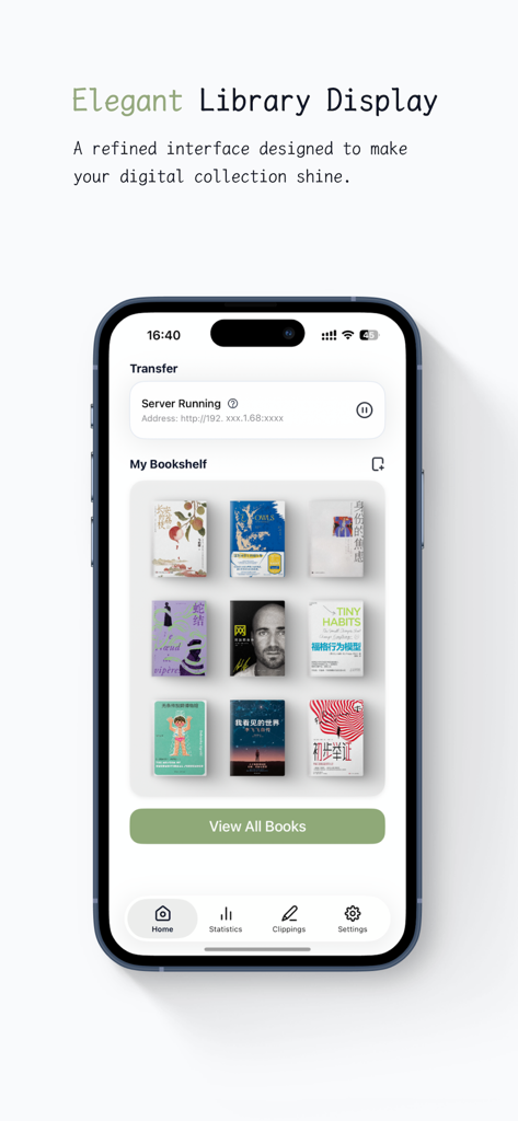 PagePop - Kindle Companion - Elegant library display in the PagePop Kindle Companion app showing a grid of books on a digital bookshelf