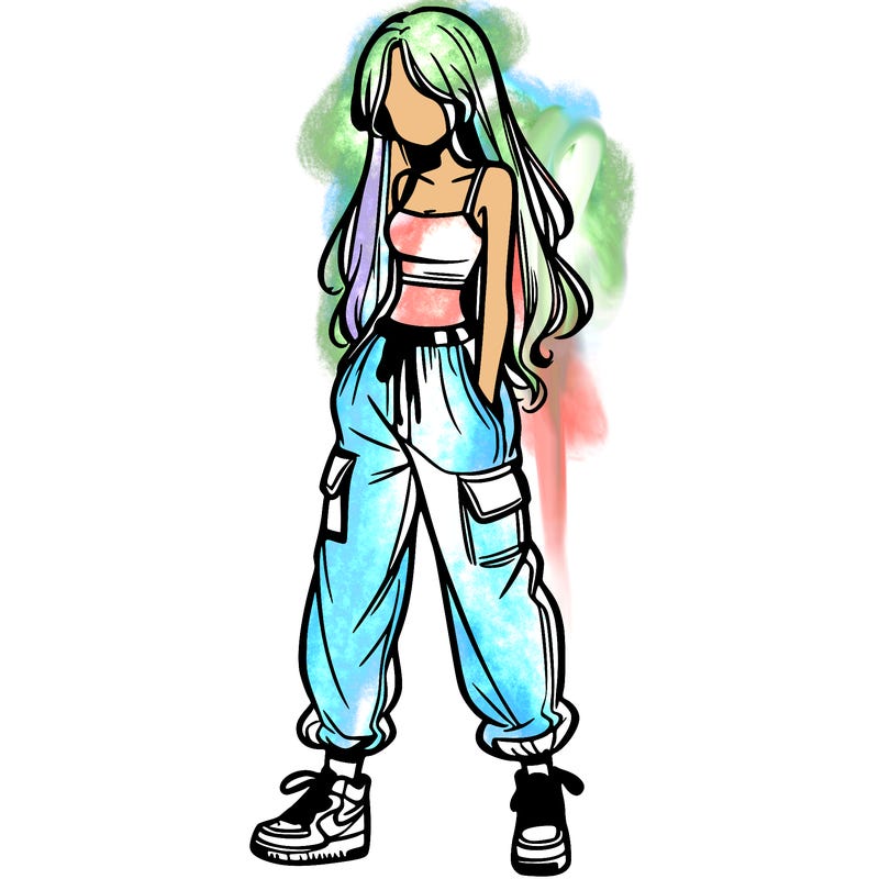 girl in baggy pants crop top and long hair