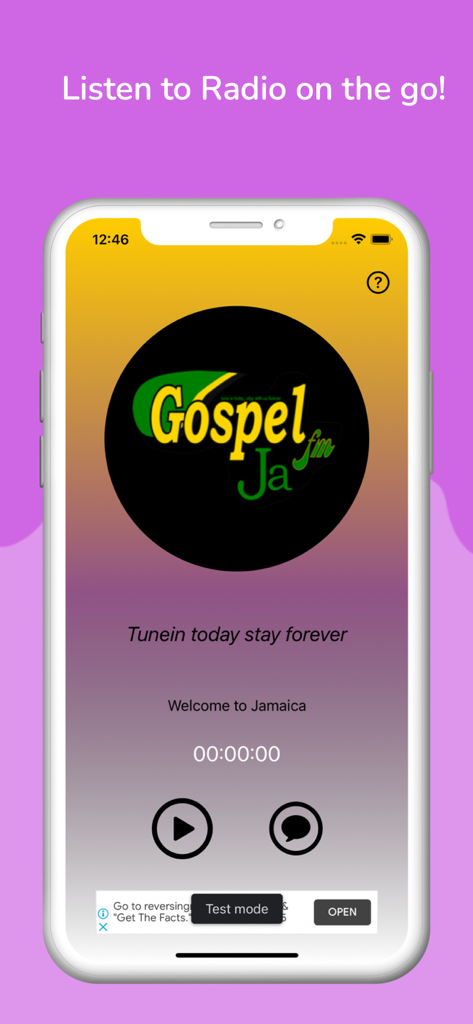 Gospel Ja Fm Online app interface showing the radio player and station logo.