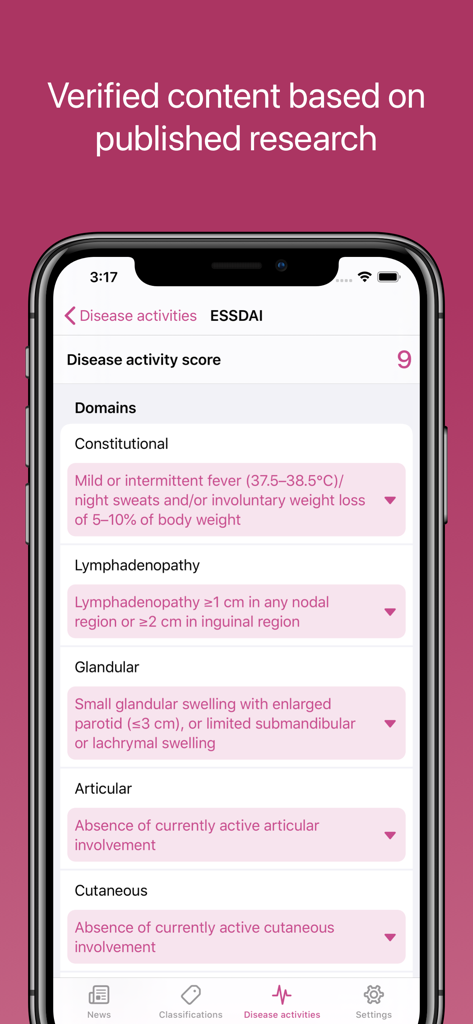 Screenshot of the RheumaHelper app showing the ESSDAI disease activity score calculator interface.