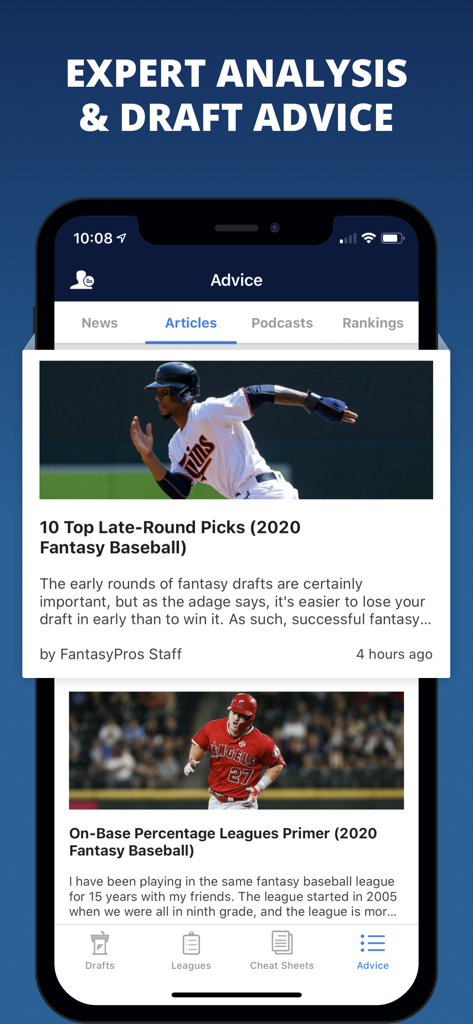 Interface of the Fantasy Baseball Draft Wizard app showing expert draft advice and baseball analysis articles