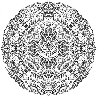 Explore the depths of ancient wisdom with this stunning Shaman Mandala coloring page. Its intricate design, featuring a spiritual guide surrounded by tribal elements, offers a captivating creative experience.