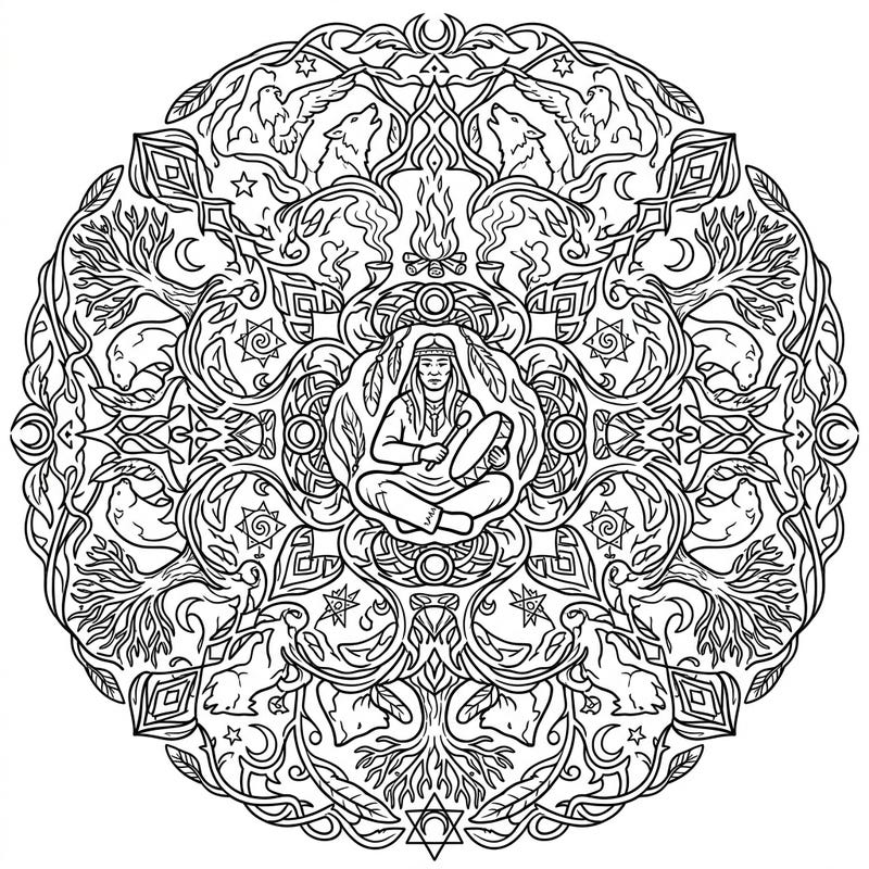 Explore the depths of ancient wisdom with this stunning Shaman Mandala coloring page. Its intricate design, featuring a spiritual guide surrounded by tribal elements, offers a captivating creative experience.