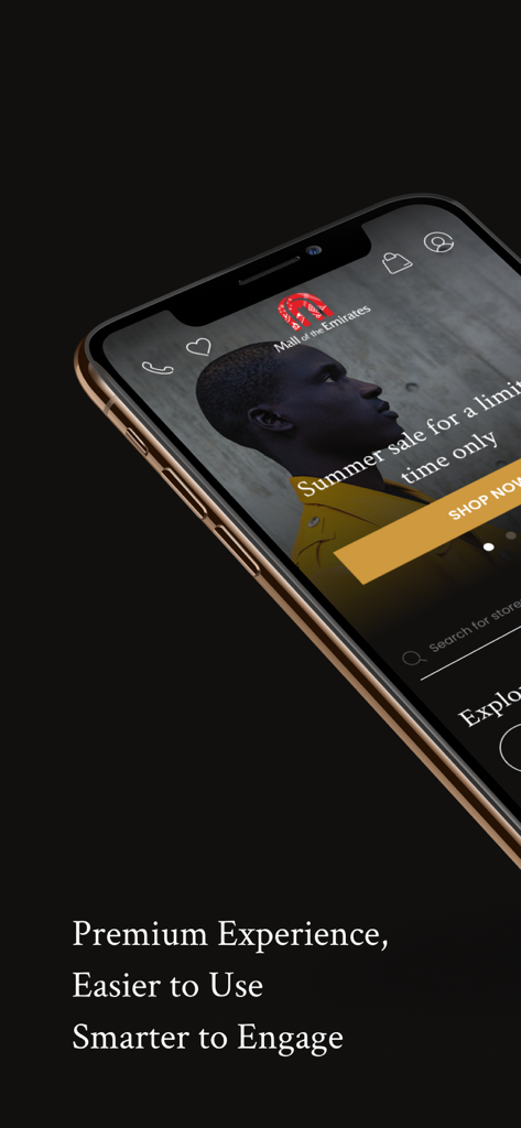 Mall of the Emirates mobile app interface displaying a luxury shopping experience and summer sale promotion